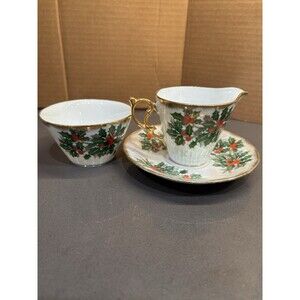VTG Ucagco Christmas Holly Lusterware Tea Cup & Saucer & Sugar Bowl Gold Trim